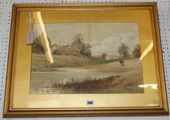Creswick Boydell, watercolour, landscape with figures and farm buildings